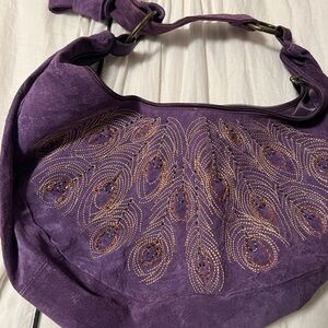 Vintage Warehouse of London Purple Suede Peacock Feather Beaded Embroidered Bag